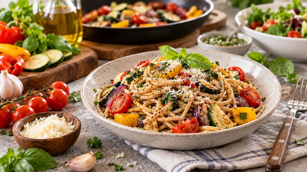 Whole wheat spaghetti with roasted vegetables, tomatoes, zucchini, peppers, and fresh basil