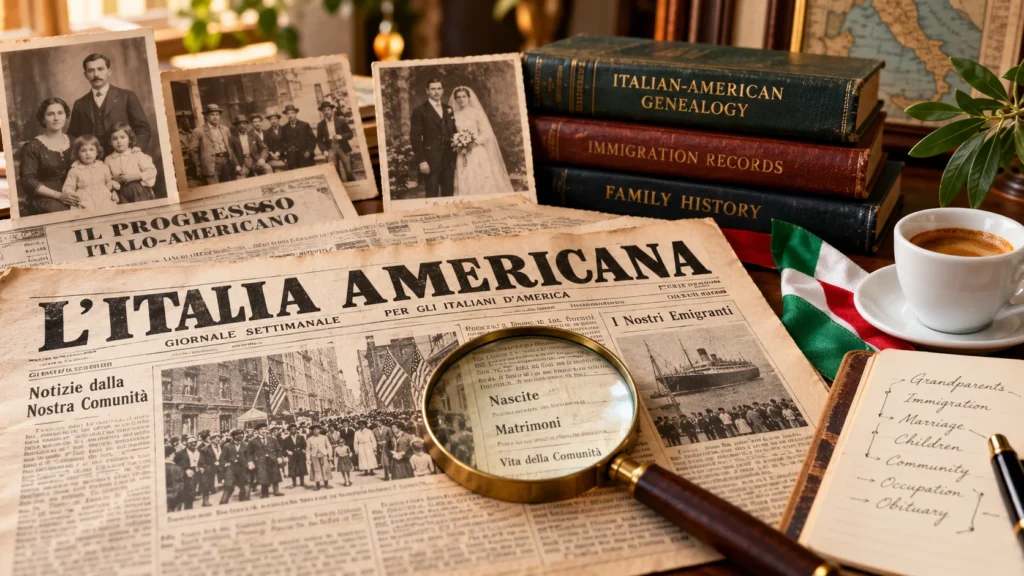 Italian-American newspapers, vintage family photographs, magnifying glass, genealogy books, and Italian heritage materials for ancestry research