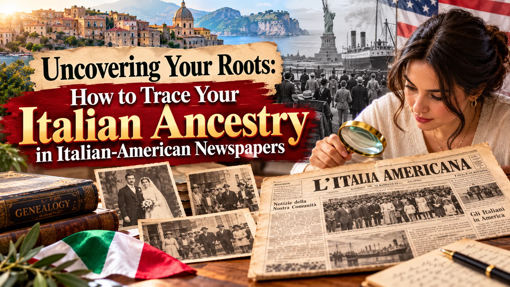 Tracing Italian ancestry through Italian-American newspapers with vintage family photos, genealogy records, and historical immigration imagery