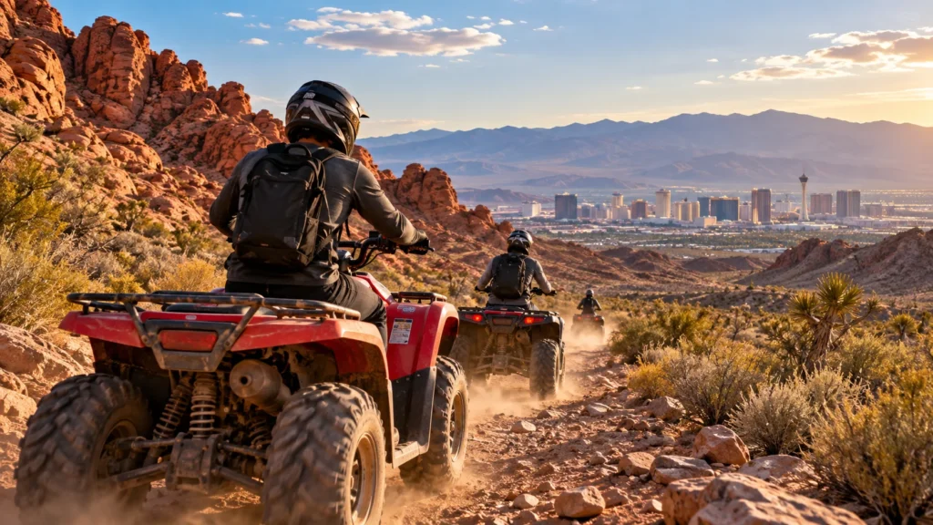 ATV riders exploring a rugged desert trail with red rock formations and the Las Vegas skyline in the distance