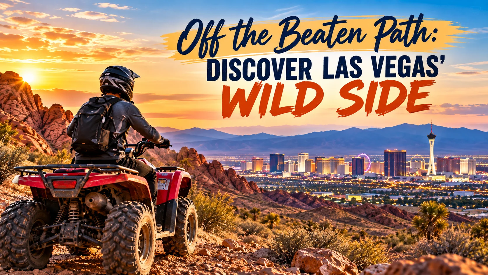 ATV rider overlooking the Las Vegas Strip from a rugged desert trail at sunset