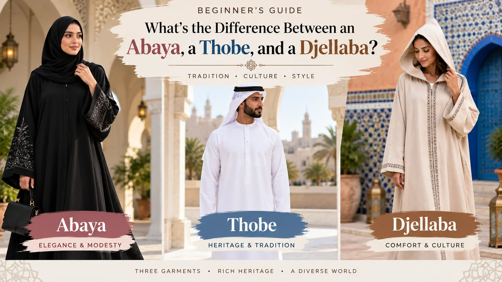 Beginner's guide comparing an abaya, thobe and djellaba with traditional clothing styles and cultural differences