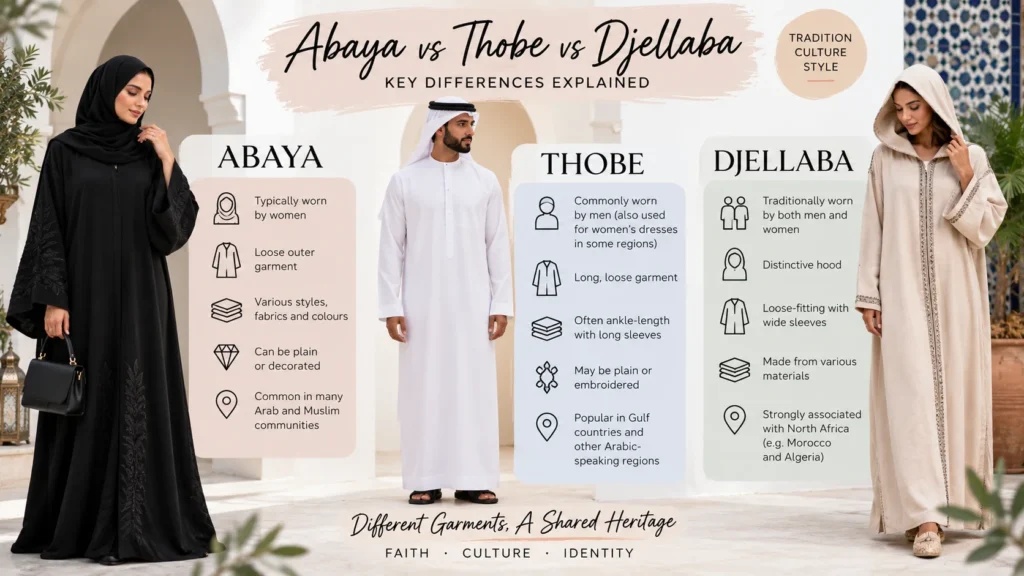 Abaya vs thobe vs djellaba comparison showing traditional clothing styles, features and regional differences