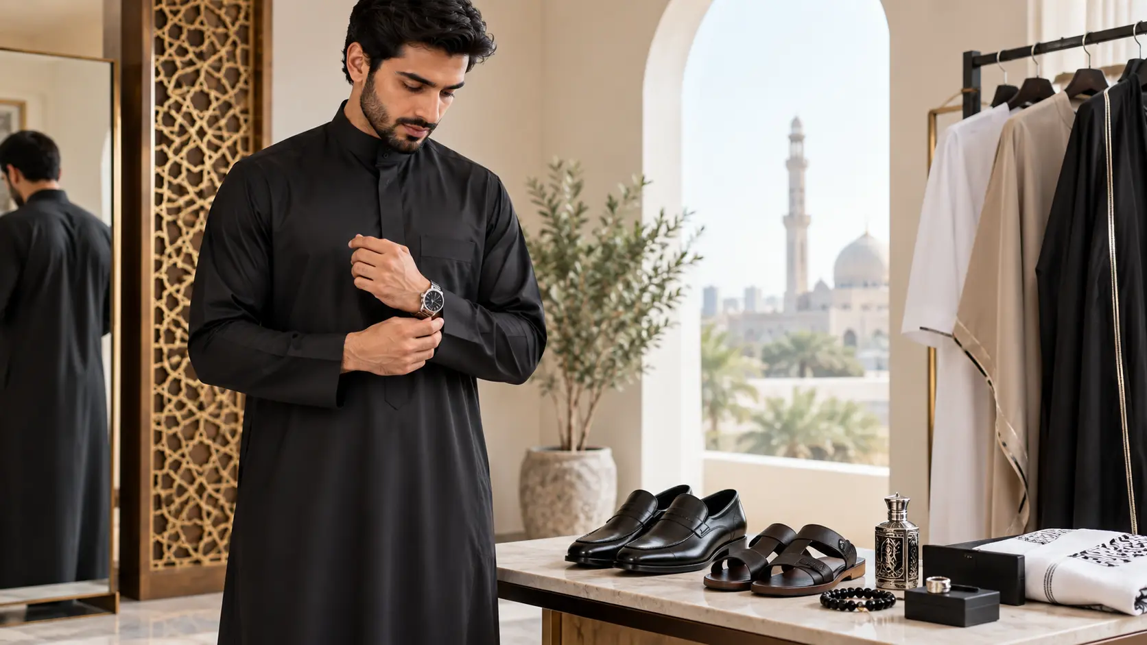 Man wearing a black thobe while choosing shoes and accessories for styling