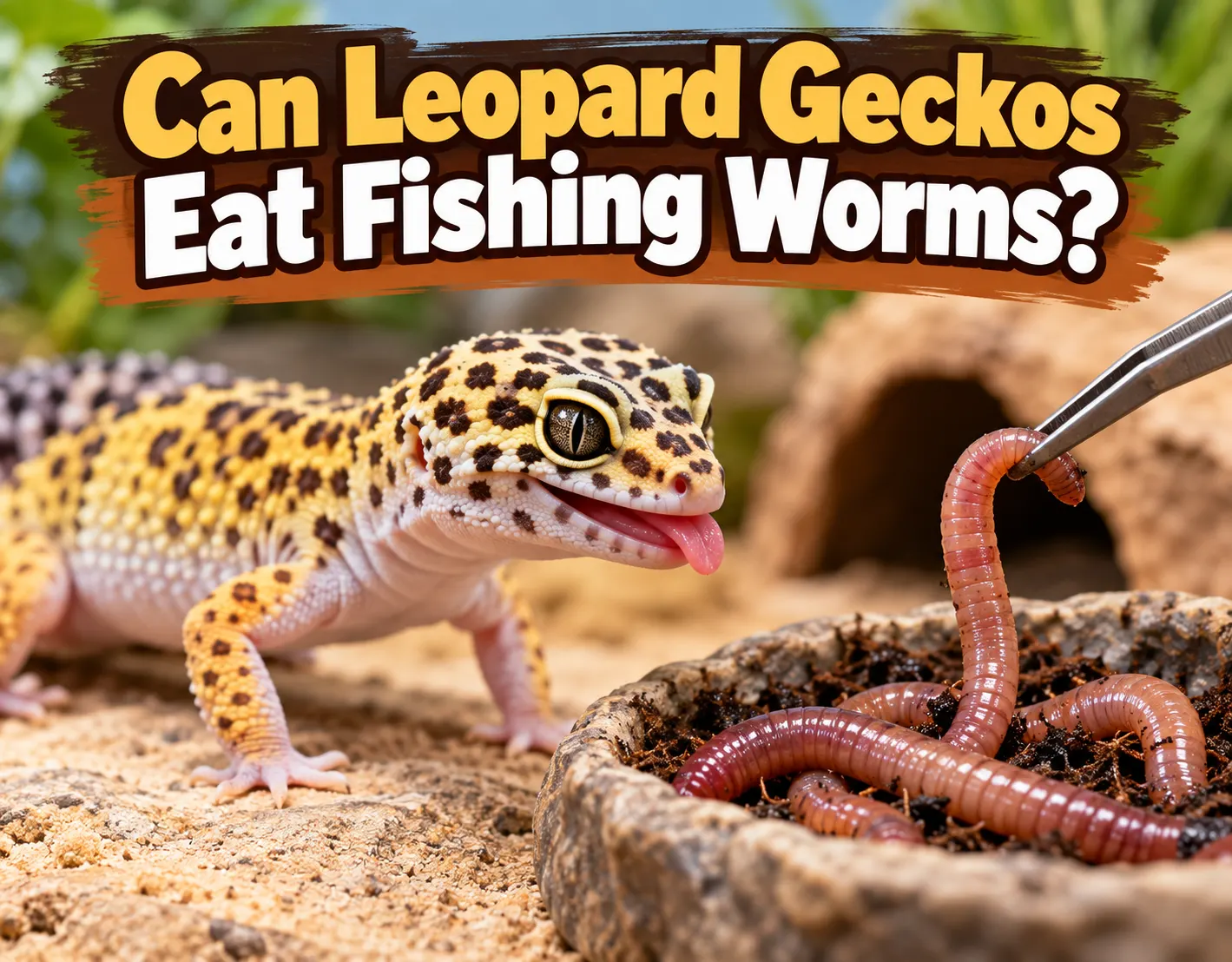 Can leopard geckos eat fishing worms? Leopard gecko near fishing worms in a terrarium