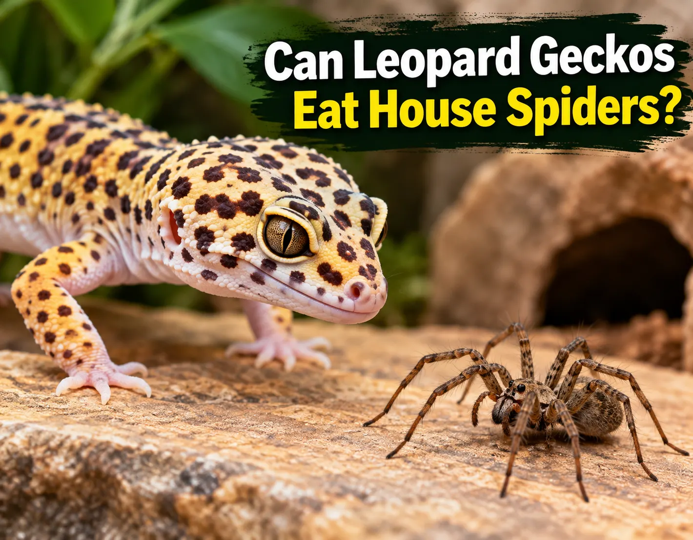 Leopard gecko looking at a house spider in a terrarium