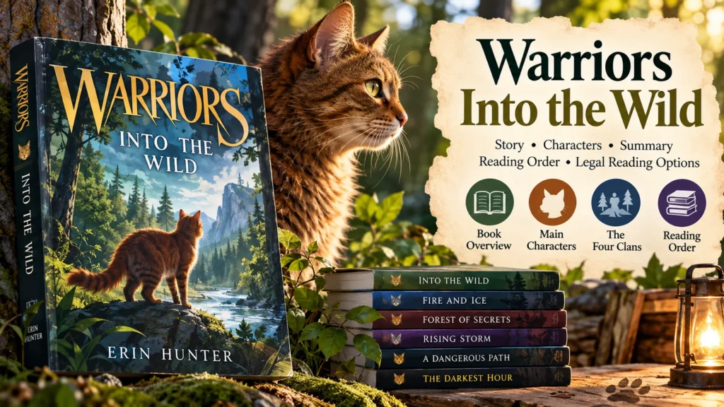 Warriors Into the Wild book by Erin Hunter with a cat, forest setting, and reading order guide