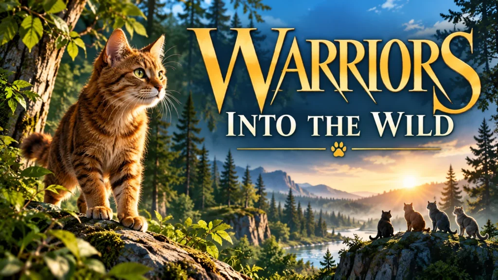 Warriors Into the Wild by Erin Hunter featuring a tabby cat in a forest with four Clan cats at sunset