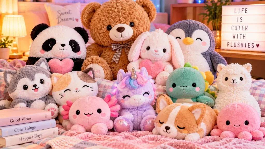 20 Best Kawaii Stuffed Animals featuring cute plush teddy bears, cats, rabbits, foxes, and other adorable animals