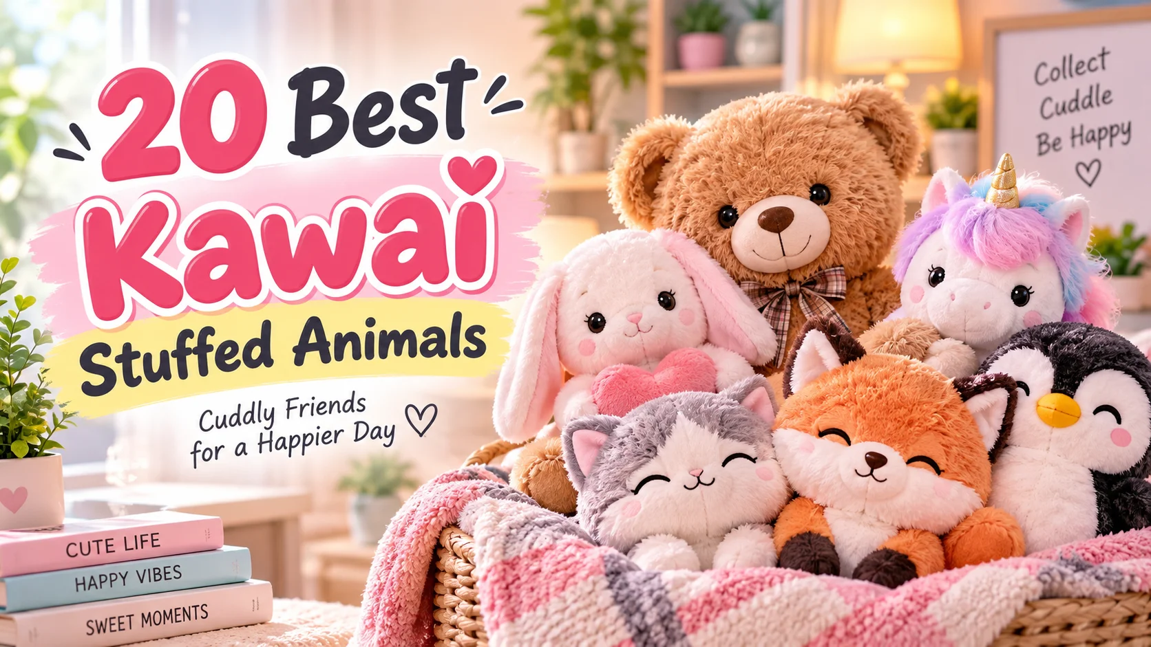 20 Best Kawaii Stuffed Animals featuring cute teddy bears, cats, rabbits, foxes, penguins, and other plush toys