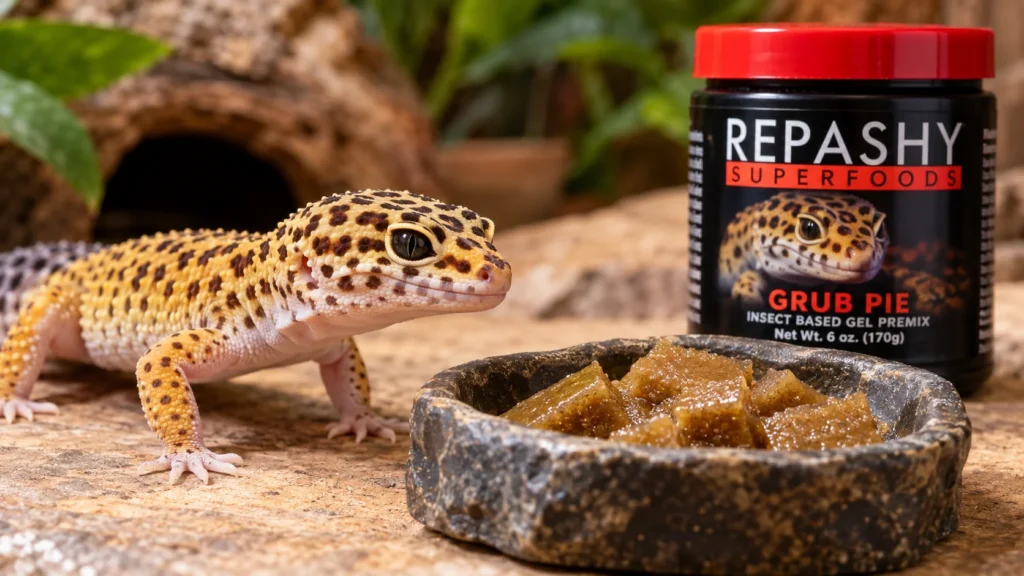 Leopard gecko beside Repashy Grub Pie gel food in a feeding dish
