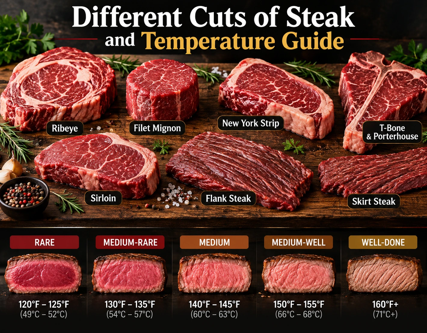 Different cuts of steak and temperature guide showing ribeye, filet mignon, New York strip, T-bone, sirloin, flank, and skirt steak