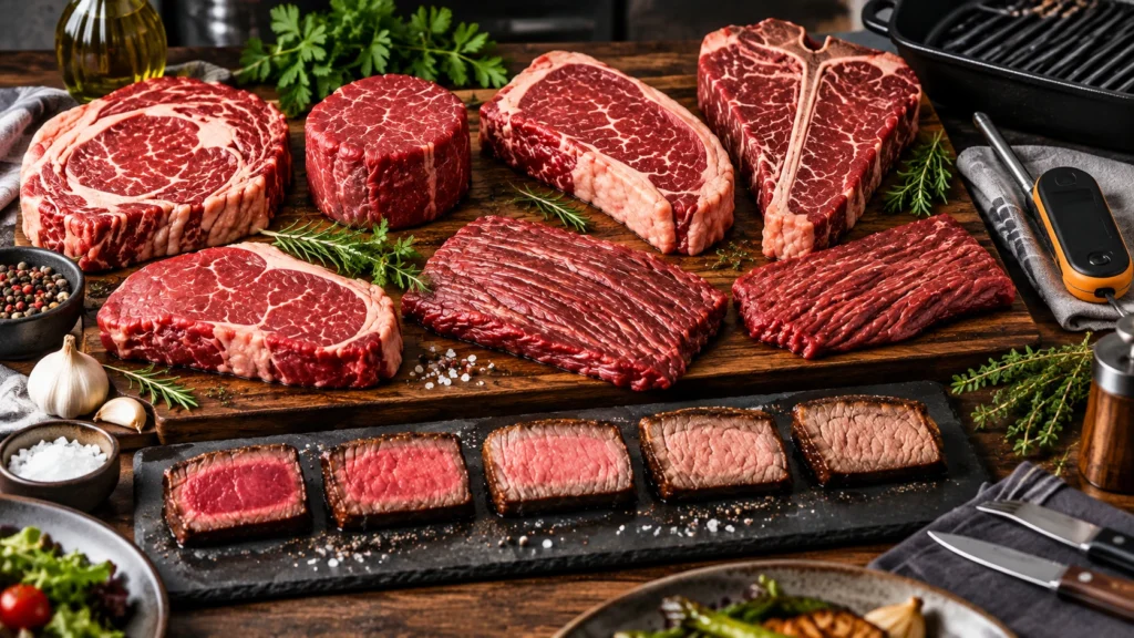 Realistic steak cuts and doneness temperature guide showing ribeye, filet mignon, New York strip, T-bone, sirloin, flank, and skirt steak