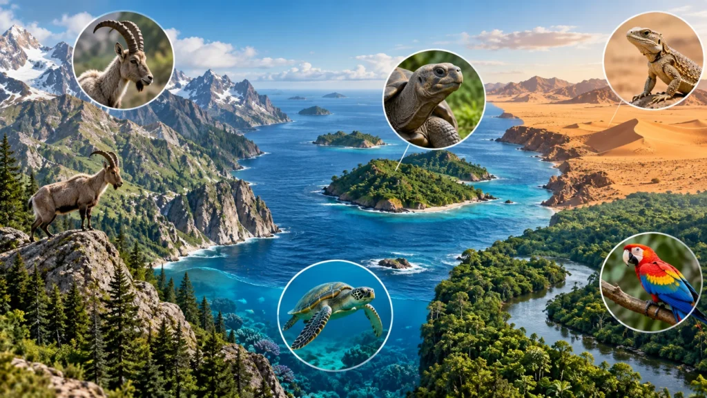Biogeographic isolation illustrated by mountains, islands, oceans, deserts, and different animal populations
