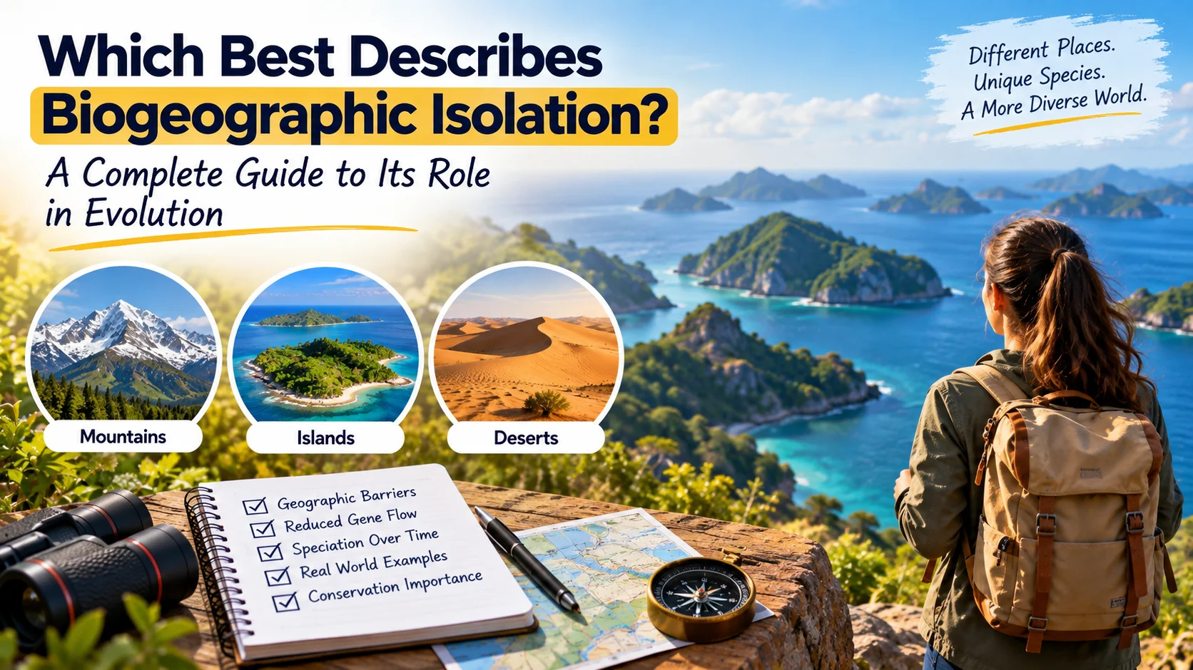Biogeographic isolation guide showing mountains, islands, deserts, and geographic barriers that influence species evolution