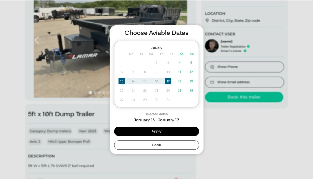 Yes!Trailers rental booking screen showing available dates and trailer owner contact details