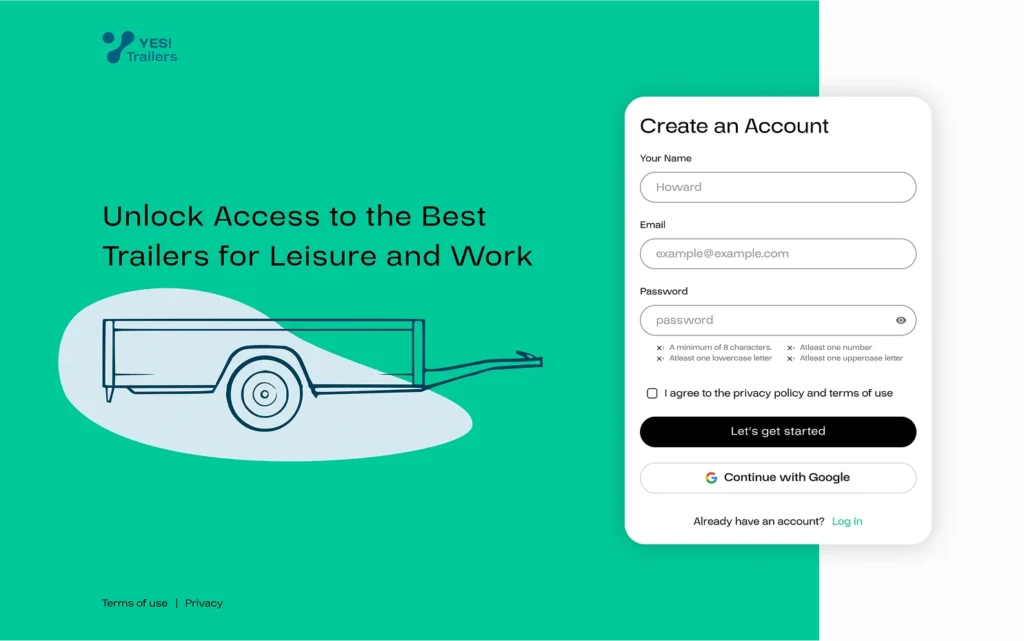 Yes!Trailers account signup page for accessing trailer rentals for leisure and work
