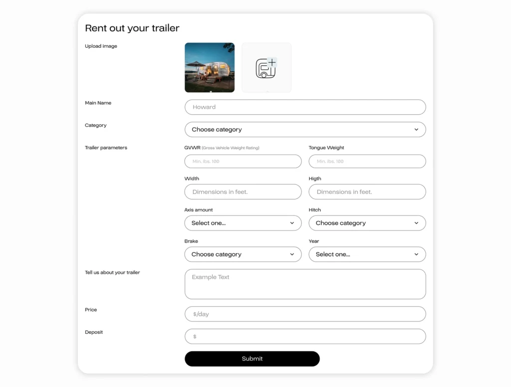 Yes!Trailers form for listing a trailer with photos, specifications, rental price, and deposit