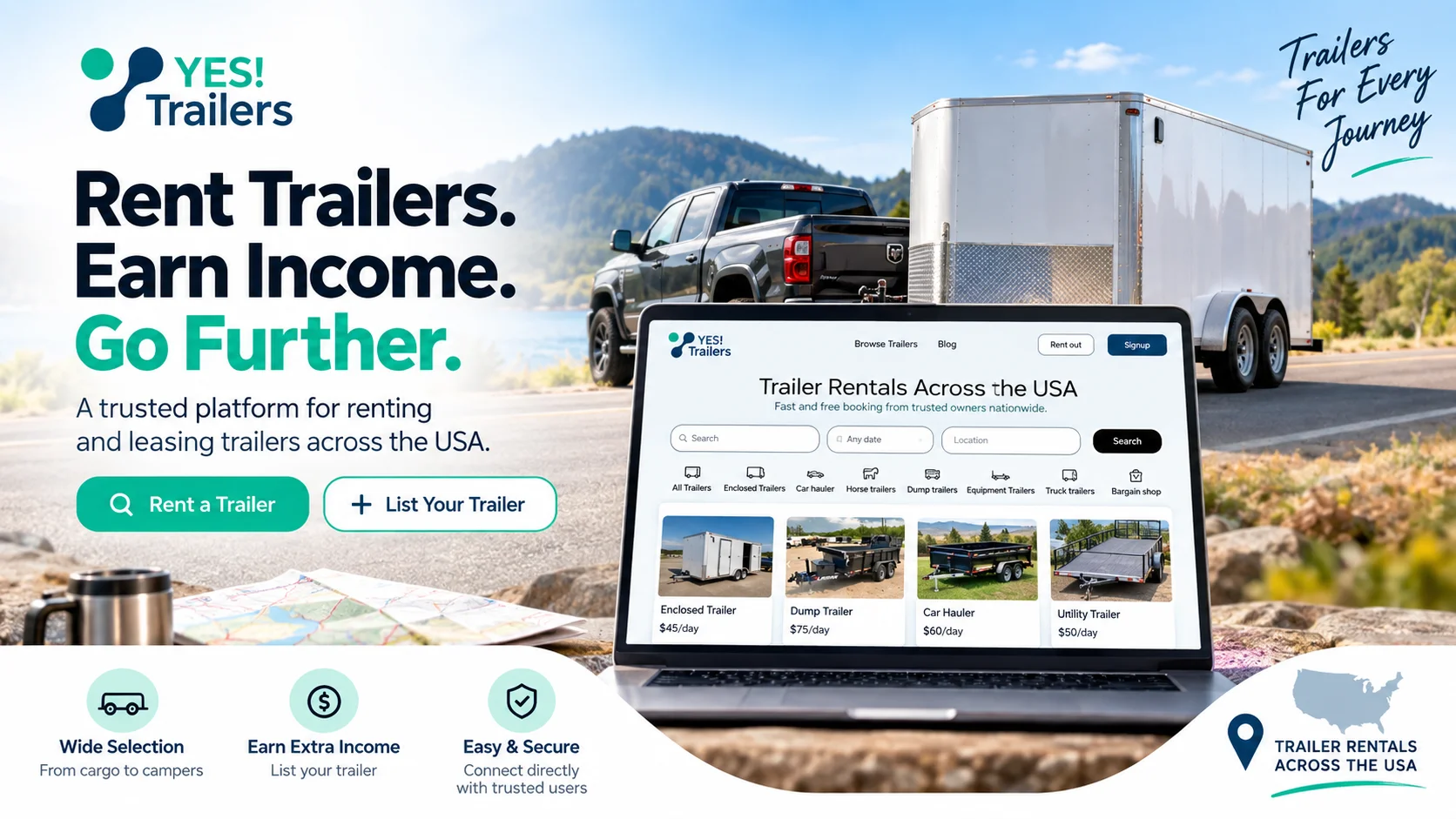 Yes!Trailers platform for renting and leasing trailers across the USA