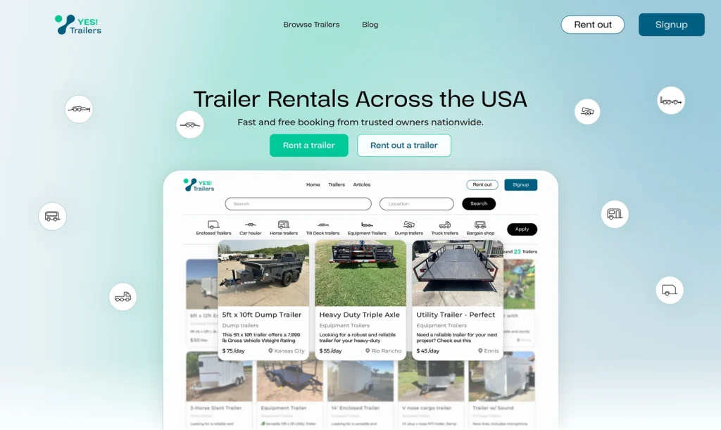 Yes!Trailers online platform showing trailer rentals and listings available across the USA