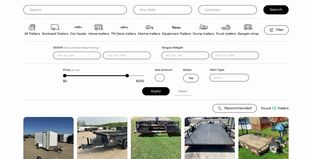 Yes!Trailers search and filter interface for finding trailers by type, location, price, and availability