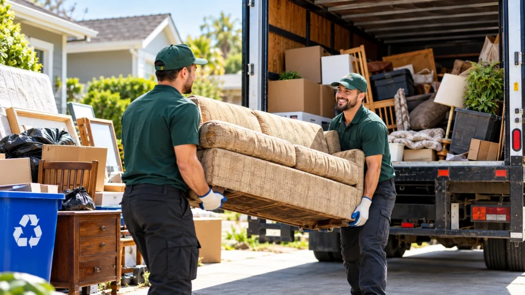 Local junk removal professionals carrying a sofa to a truck during a household cleanout.