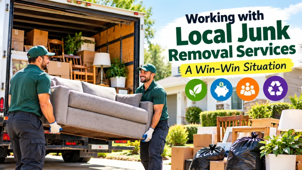 Local junk removal professionals carrying a sofa to a truck, highlighting the benefits of affordable and eco-friendly junk removal services.