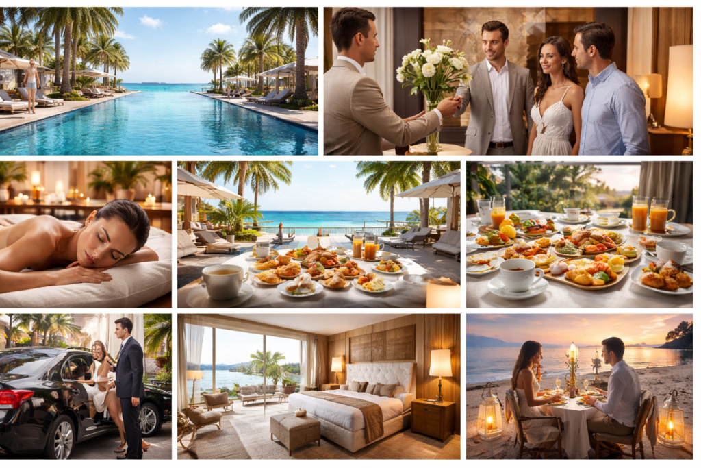 Luxury hotel facilities including infinity pool, spa services, gourmet dining, and premium guest amenities