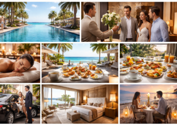 Luxury hotel facilities including infinity pool, spa services, gourmet dining, and premium guest amenities