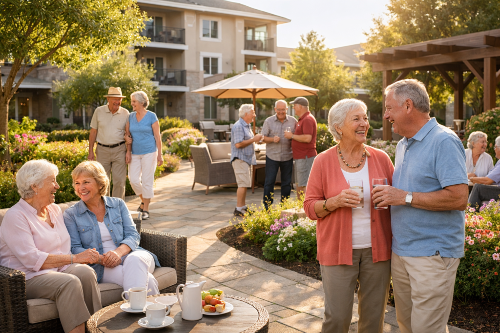 Senior adults socializing in a sunny courtyard at an independent living community