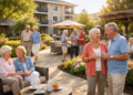 Senior adults socializing in a sunny courtyard at an independent living community