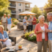 Senior adults socializing in a sunny courtyard at an independent living community