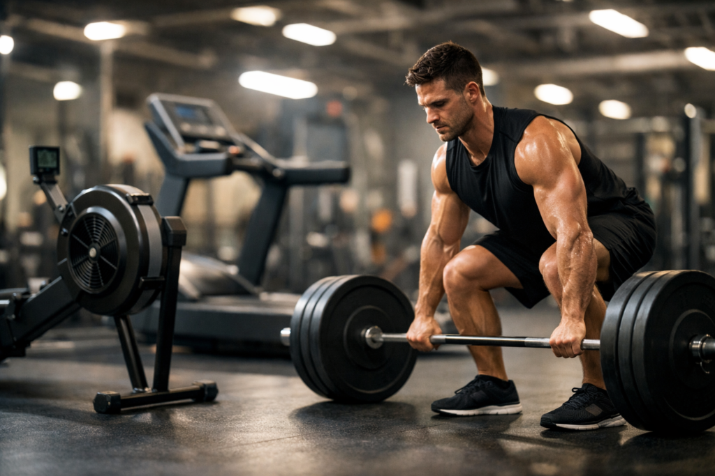 athlete performing compound strength exercise with cardio equipment in gym