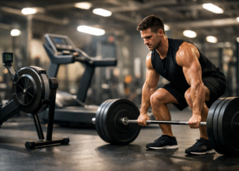 athlete performing compound strength exercise with cardio equipment in gym
