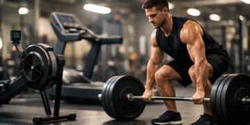 athlete performing compound strength exercise with cardio equipment in gym