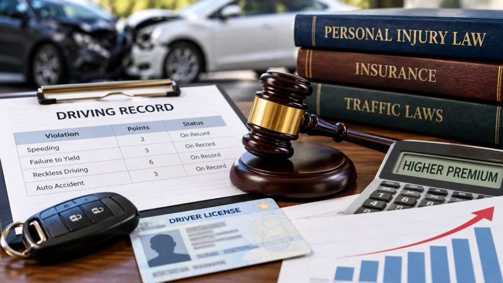 Driving record with traffic violation points, legal books, a car accident background, and a calculator illustrating potential insurance premium increases.