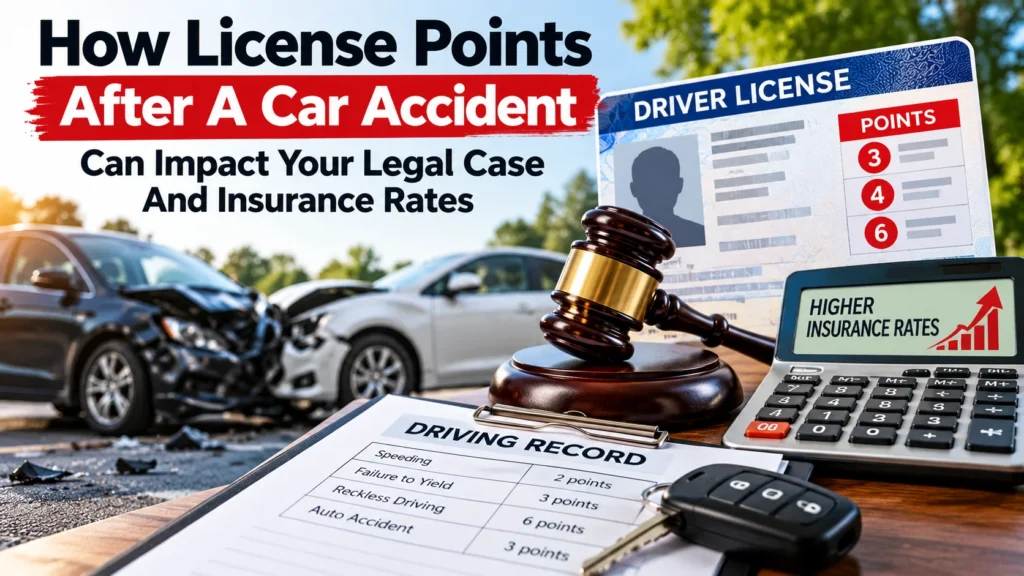 How license points after a car accident can affect a driver's legal case and insurance rates, illustrated with damaged cars, a driving record, a judge's gavel, and rising insurance costs.