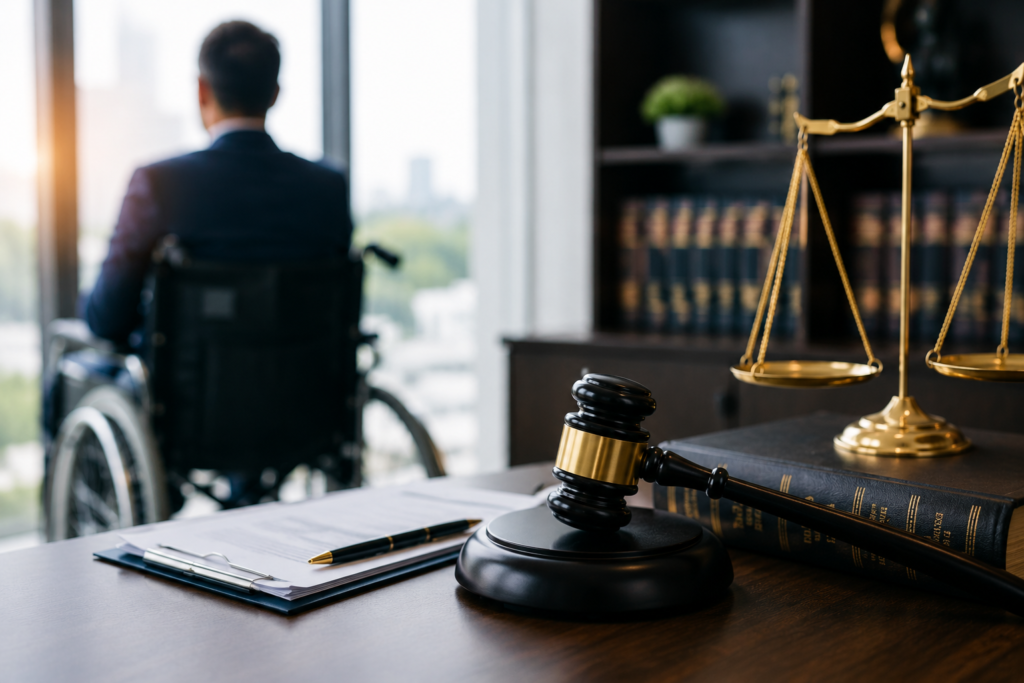 Spinal cord injury legal consultation with wheelchair user, gavel, and scales of justice in a law office