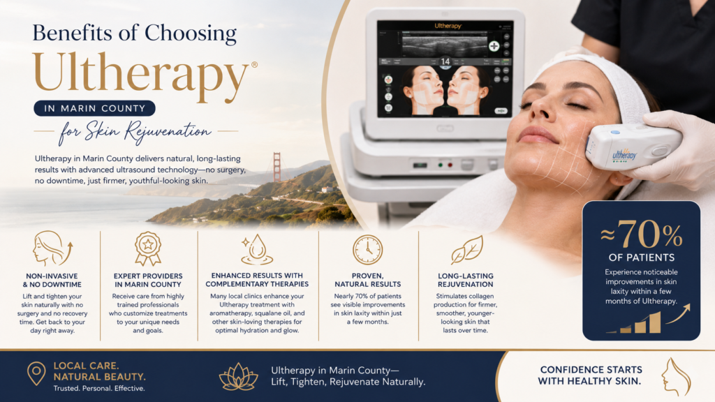 Woman receiving Ultherapy treatment in Marin County for non-surgical skin tightening and facial rejuvenation benefits.