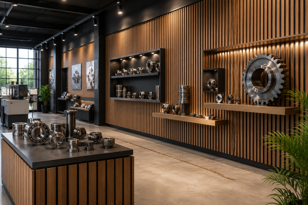 Modern industrial showroom interior featuring WPC slat wall designs with stylish wooden panels and product display sections.