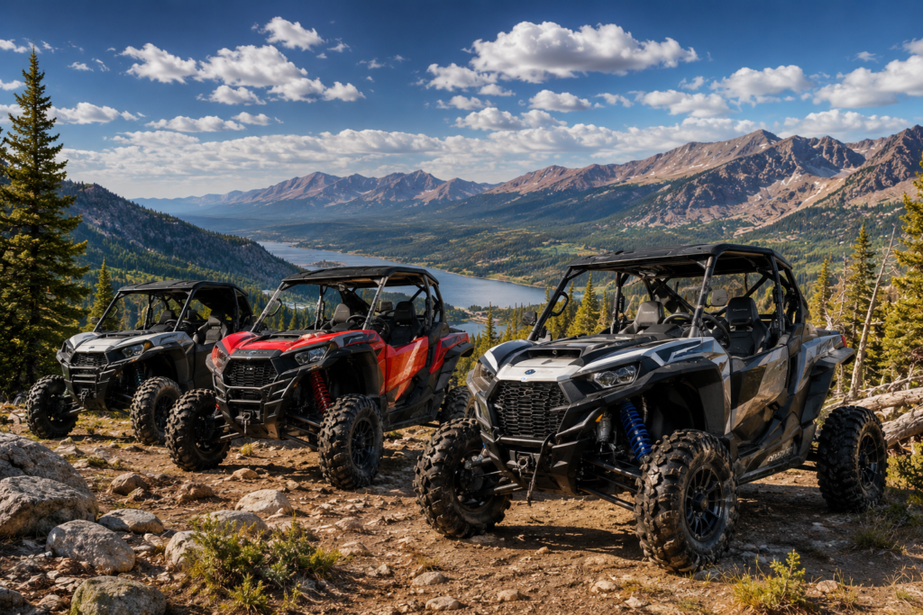 Performance-ready UTV and side by side vehicles parked on an Idaho mountain trail with scenic off-road landscape views.