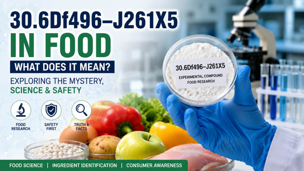 Featured illustration showing the hypothetical 30.6Df496–J261X5 food research compound with laboratory equipment, fresh food ingredients, and food safety concept.
