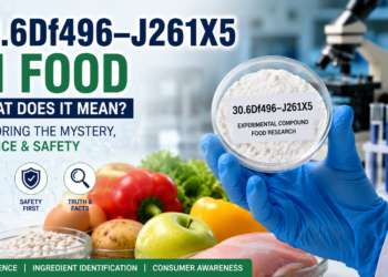 Featured illustration showing the hypothetical 30.6Df496–J261X5 food research compound with laboratory equipment, fresh food ingredients, and food safety concept.