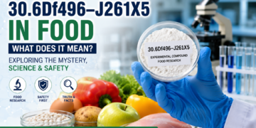 Featured illustration showing the hypothetical 30.6Df496–J261X5 food research compound with laboratory equipment, fresh food ingredients, and food safety concept.