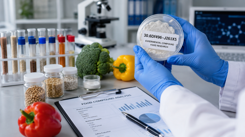 Scientist examining a hypothetical food research compound labeled 30.6Df496–J261X5 in a modern food science laboratory with fresh ingredients and testing equipment.