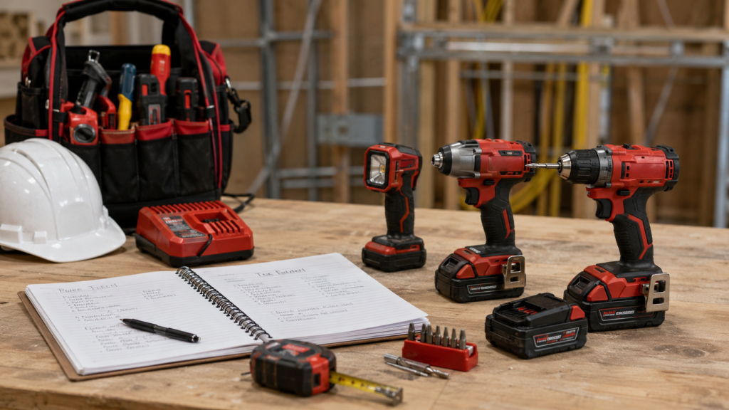 Tool-filled workspace on a wooden bench
