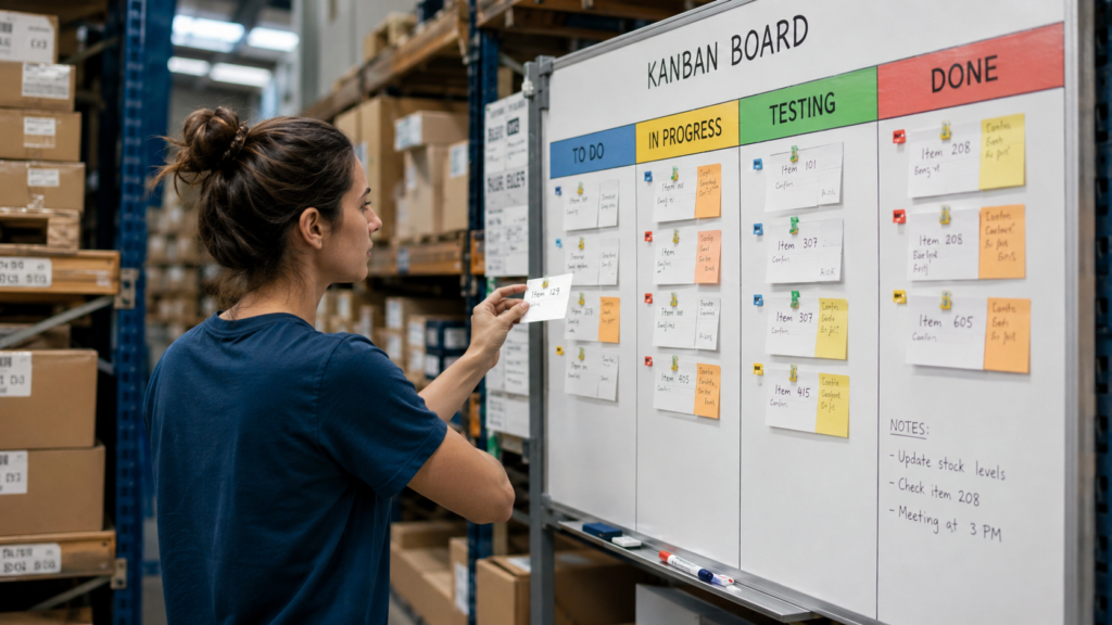 Warehouse worker updating Kanban board