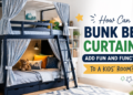 Modern kids bunk bed with colorful privacy curtains showcasing fun and functional bedroom ideas for shared children's rooms.