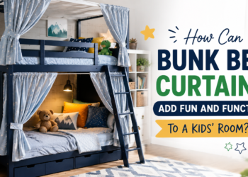 Modern kids bunk bed with colorful privacy curtains showcasing fun and functional bedroom ideas for shared children's rooms.