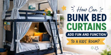 Modern kids bunk bed with colorful privacy curtains showcasing fun and functional bedroom ideas for shared children's rooms.